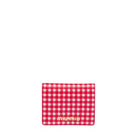 miu miu madras small d|Red/white Small Printed Madras Leather Wallet .